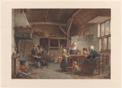 Stuehus interiør, familie i køkkenet af Hendrik Jacobus Scholten
