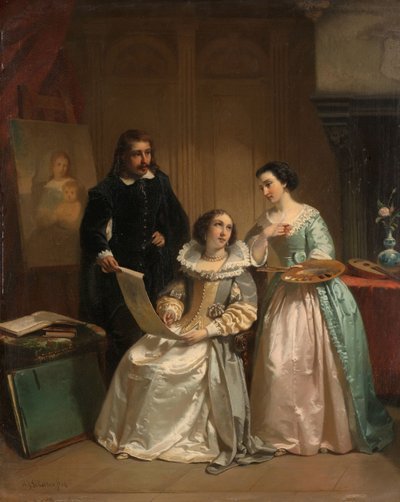 Gerard van Honthorst viser tegningerne af sin elev Louise af Bøhmen til Amalia van Solms af Hendrik Jacobus Scholten
