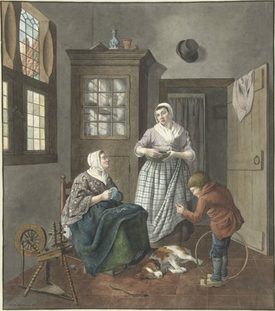 Interiør med kvindesyning, stuepige og dreng, der leger af Hendrik Jan van Amerom