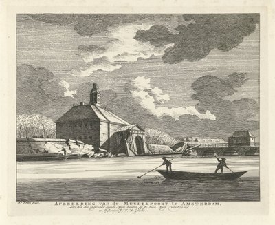 Sagging Muiderpoort, set fra Singelgracht, 1769 Billede af Muyderpoort i Amsterdam, Zoo som den kollapsede synde, kan ses udefra, zigzag (titel på objekt) af Hendrik Keun