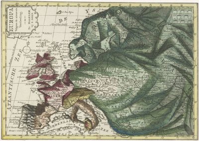 Kort over Europa, farvet som dronning Europa ifølge den seneste inddeling (titel på objekt) af Hendrik Kloekhoff