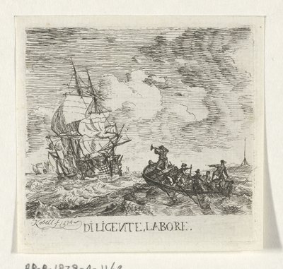 Vildt vand med forskellige både Diligente, labore (titel på objekt) af Hendrik Kobell