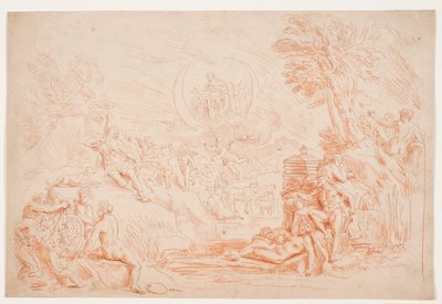 Landskab med allegoriske figurer af Hendrik Krock