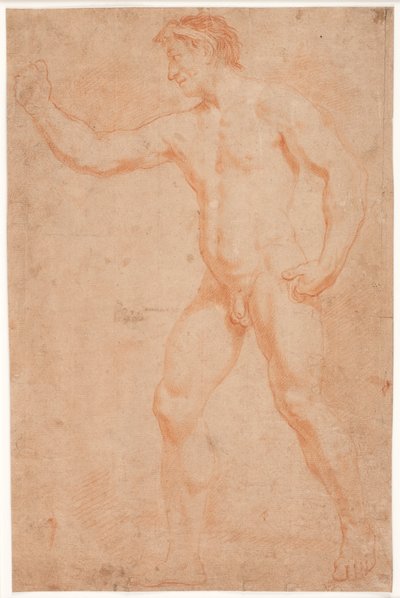 Mandlig modelstudie, stående, med løftet arm af Hendrik Krock