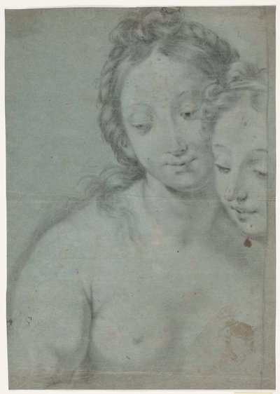 To kvindehoveder. Studier efter højre halvdel i Carlo Maratta maler: Selvportræt med Marquese Pallavicini, stourhead, National Trust, England (afb. Arte Antica e Moderna, 1961, nr. 181) af Hendrik Krock