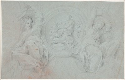 To siddende kvindefigurer omkring en medaillon med Herakles