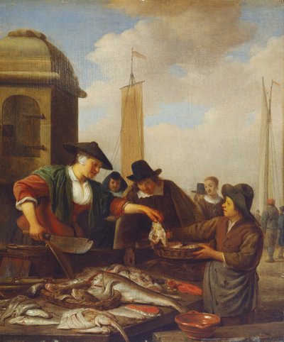 En fiskebod ved en havn (olie på panel) af Hendrik Martensz Sorgh