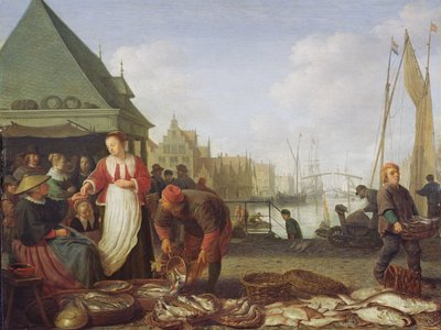 Rotterdam fiskemarked (olie på egetræspanel) af Hendrik Martensz Sorgh