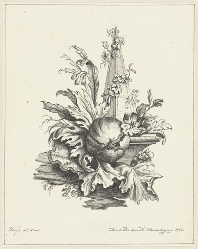 Ornament med granatæble med blade og obelisk af Hendrik Nieuwenhuysen