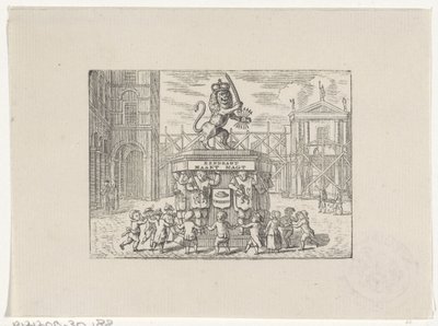 Børn danser i en cirkel omkring et monument fra de syv provinser af Hendrik Numan