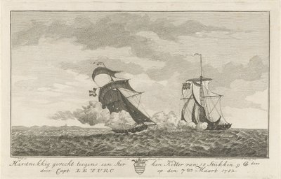 Kamp mod en stærk kutter, 1782 Hård kamp mod en stærk kotter af 18 stykker (...) af Capt: Le Turc den 7. marts 1782 (titel på objekt) af Hendrik Roosing