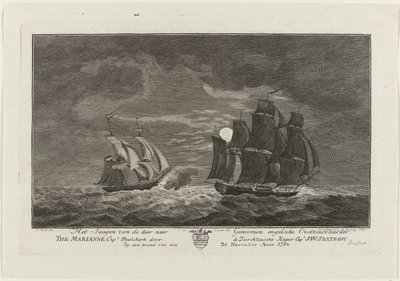 Sextroh Jagter på Marianne, 1782 Jagten på den engelske østersøfarer der til genomer Marianne Kapt. Philskerk af Zierikzeesche Kaper Capt. J:W:Sextroh Om aftenen den 20. november Anno 1782 (titel på objektet) af Hendrik Roosing