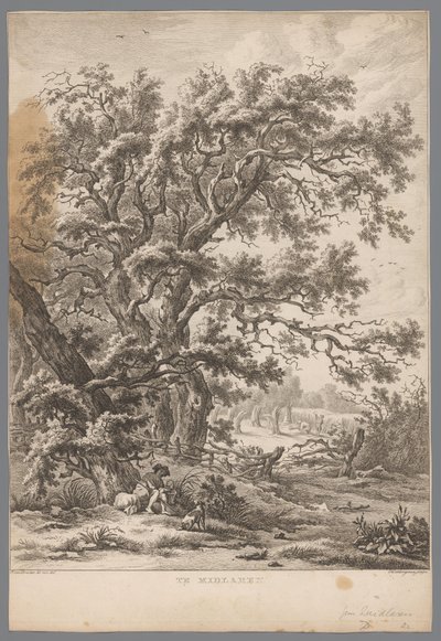 Landskab med mand og hund under et træ ved Midlaren I Midlaren (titel på objekt) Ni ansigter i Drenthe (serietitel) IX Ansigter i og nær Drenthes landskab (serietitel) af Hendrik Schwegman