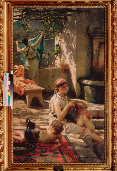 Ved brønden. (En kvinde klarer sit barns hår, en anden hænger vasketøj ud). Maleri af Henryk Siemiradzki (1843-1902), olie på lærred af Henryk Siemiradzki