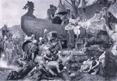 Ligbrænding af en høvding i det østlige Rusland i det tiende århundrede, illustration fra Landmarks in European History udgivet af Gresham Publishing Co, ca. 1920 (litho) af Henryk Siemiradzki