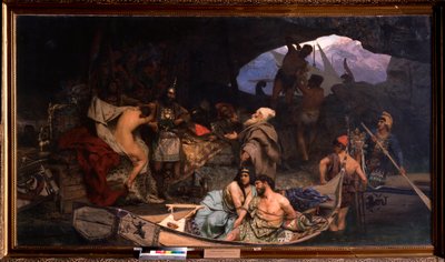 Korsarerne. (Scene, hvor de bringer deres bytte og deres fanger (gidsler) tilbage i en hule). Maleri af Henryk Siemiradzki (1843-1902), olie på lærred af Henryk Siemiradzki