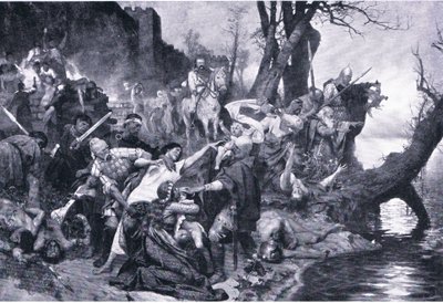 Warriors of Sviatoslav ved massakren under Dexters mure (Durostorum), illustration fra Landmarks in European History udgivet af Gresham Publishing Co, ca. 1920 (litho) af Henryk Siemiradzki