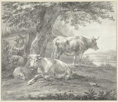 To køer og to får under et træ nær en lade af Hendrik Stokvisch