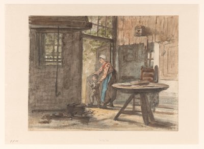 Håndarbejdende kvinde og barn af Hendrik Valkenburg