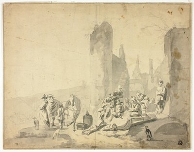 Havnescene med forskellige figurer af Hendrik Verschuring