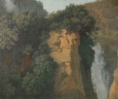 Tilgroede klipper med vandfald i Italien, måske ved Tivoli af Hendrik Voogd (attributed to)
