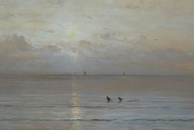 Hollandsk: Solnedgang med rejefiskere af Hendrik Willem Mesdag
