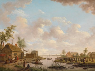 Landskab med fiskere og landmænd, der udvinder tørv i en mose Landskab med fiskere og tørvebønder i lavheden af Hendrik Willem Schweickhardt