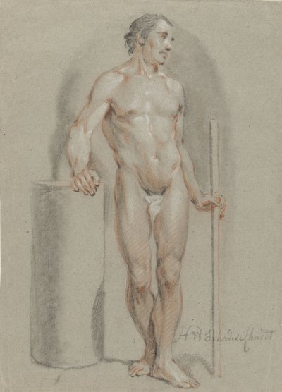 Stående nøgen mand med en pind i hånden, lænet på en studiecylinder af Hendrik Willem Schweickhardt