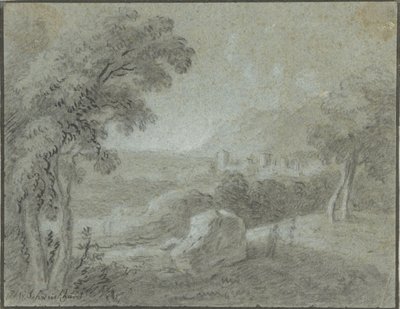Sydlig bakket landskab med en by forude af Hendrik Willem Schweickhardt