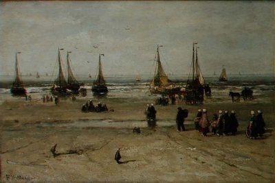 Kystlandskab med fiskefartøjer og fiskere af Hendrik William Mesdag