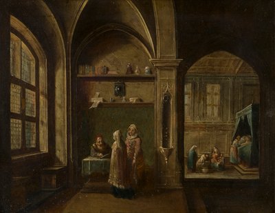 Et renæssanceinteriør med figurer: The Birth of St John, ca. 1600-49 (olie på kobber) af Hendrik the Younger Steenwyck