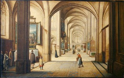 Kirkeinteriør med en sakristan, der viser et maleri til besøgende, 1608 (olie på kort) af Hendrik the Younger Steenwyck