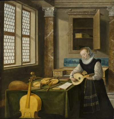 Dame jouant du luth - Lady Playing the Lute, af Steenwyck, Hendrick van, the Younger (1580-1649). Olie på træ. Mål: 65x64 cm. Nationalmuseum Stockholm af Hendrik van (c.1580 1649) Steenwyk