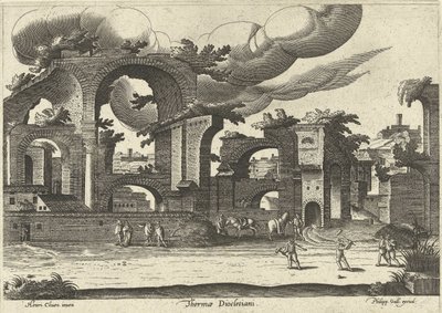 Ruiner af Diocletians bade fra siden med to mænd, der spiller kroket i forgrunden, 1585. af Hendrik van Cleve III