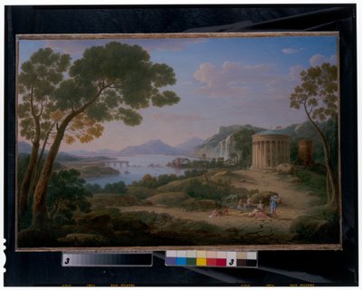 Et omfattende klassisk landskab med figurer siddende foran en Tempietto af Hendrik van Lint