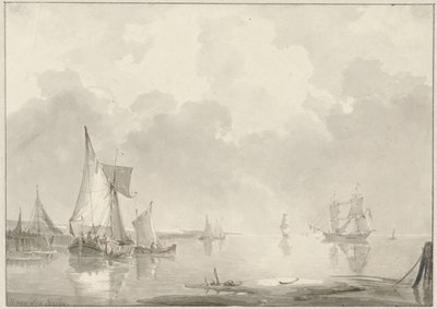 Udsigt over kysten med skibe i stille vand af Hendrik van den Helm
