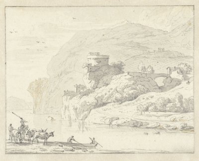 Italiensk bjerglandskab med hyrder og kvæg og to figurer i en båd, der krydser floden af Hendrik van der Straaten (attributed to)