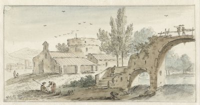 Italiensk landskab med en stenbro af Hendrik van der Straaten