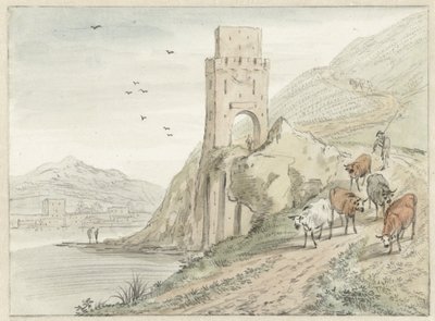 Italiensk flodlandskab med bjerge og et porttårn af Hendrik van der Straaten