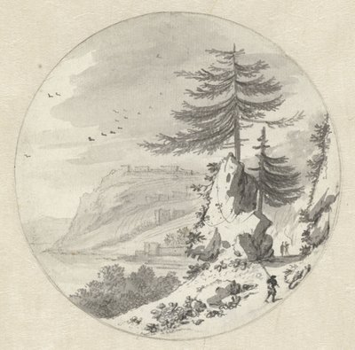 Bjergrigt kystlandskab med et stort grantræ af Hendrik van der Straaten