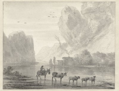 Rocky River Landskab med en hyrde med hans kvæg og får af Hendrik van der Straaten