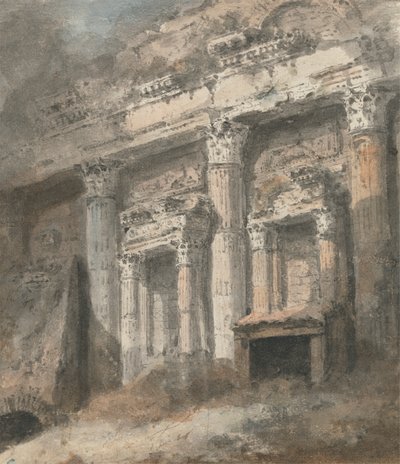 Facade af ruineret (?) romersk tempel, med søjler og døråbning af Heneage Finch fourth Earl of Aylesford
