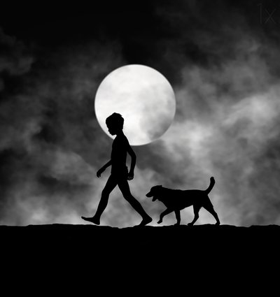 Barn og hund i måneskin af Hengki Lee