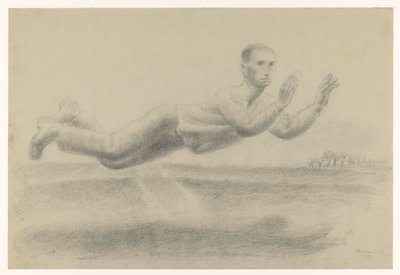 Selvportræt med løftede hænder svævende i et landskab af Henk Henriët (signed by artist)