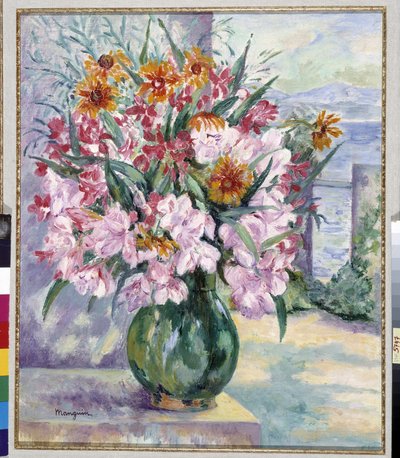 Vase med blomster på terrassen foran havet 1941 (maleri) af Henri Charles Manguin
