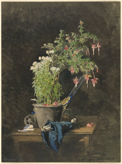 En fuchsia i potte med børnelegetøj af Henri-Joseph Harpignies