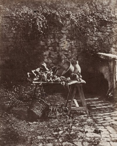 Stilleben: Gryde, kande og grøntsager på et bord af savbukke, ca. 1852 (foto) af Henri Victor Regnault