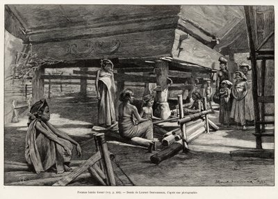 Batak kvinder, Nord Sumatra etnisk gruppe, vævning. Gravering af Laurent Desrousseaux for at illustrere historien "" et år i Malaysia", af Jules Claine (1856-1939), i 1889-1890, i Le tour du Monde 1892, instrueret af Edouard Charton (1807-1891), Hachette,  af Henri Alphonse Louis Laurent Desrousseaux