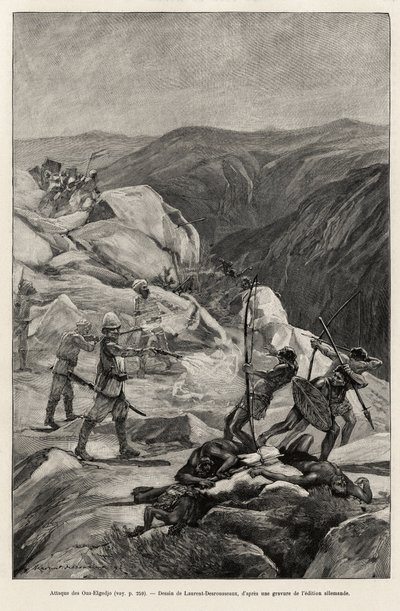 Oua-Elgedjo angreb. Gravering af Laurent Desrousseaux til illustration af historien "" Au secours d