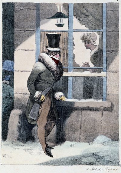 Nysgerrig mand kigger ud af vinduet inde i et hus: "" Alle glæder sig, hvor han finder ham"" - i "" Les pastemps"" af Henri Monnier, red. Delpech, Paris af Henri Bonaventure Monnier